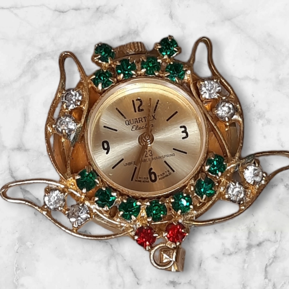 Vintage Quartex Electra Rhinestone Gold Tone Hanging Watch